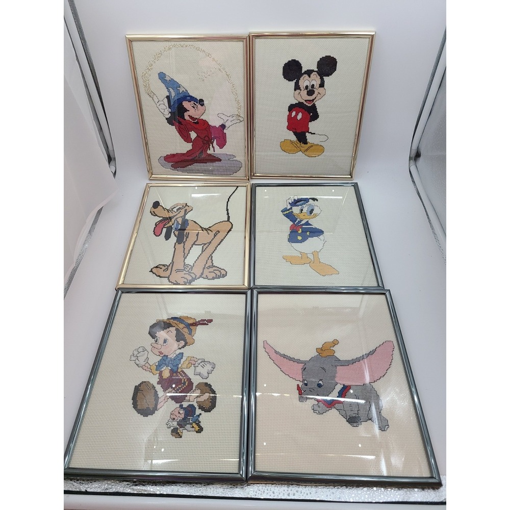 Vintage Handcrafted Disney Characters Cross-stitch Pieces. Lot of 6